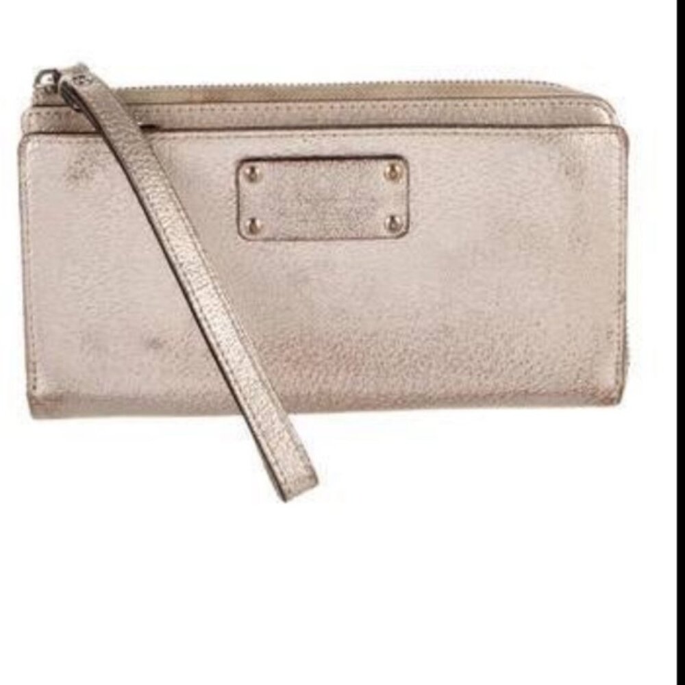 Kate Spade Rose Gold Large Wristlet Metallic Wallet Organizer Clutch Bag Zippy